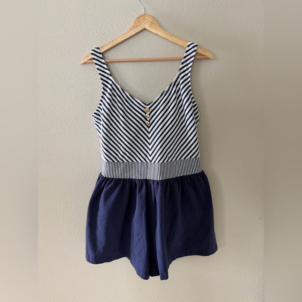 Vintage 70s Jantzen Women’s Navy and White Nautical One Piece Cloth Swimsuit